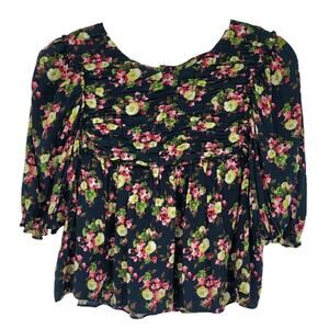 Zara Floral Smocked Blouse, Size L - Black, Pink, Green,‎ Long Sleeve Boho Top
